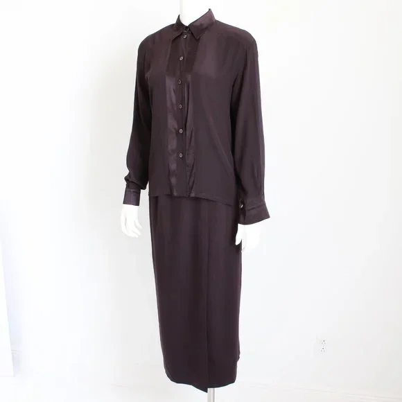 Escada Blouse & Long Skirt 2pc Set Burgundy Silk Wool Vintage 90s - Picture 3 of 7